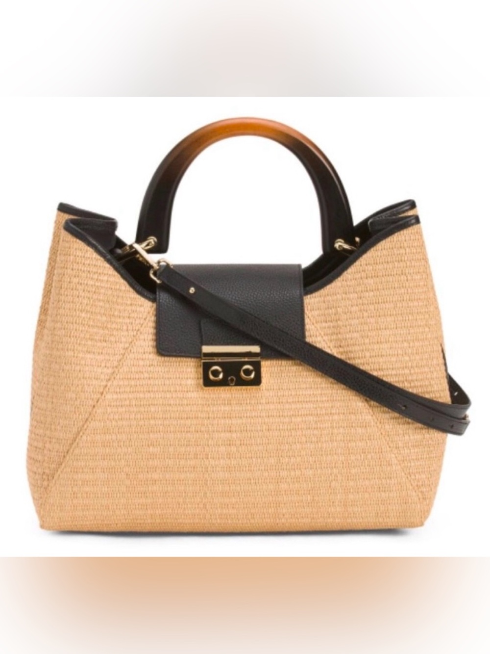 Claudia Firenze Isa Satchel Black and Natural Straw with wood handle. NWT